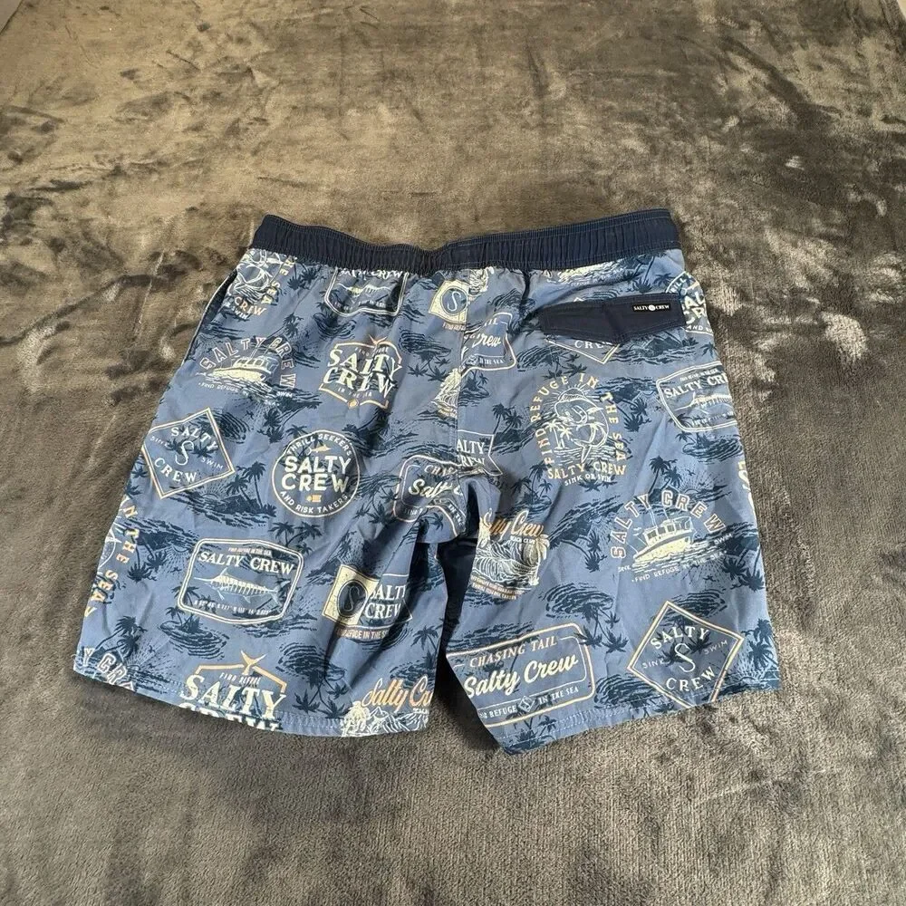 SALTY CREW CABIN Sz L 34 CRUISER Beach Club Elastic Boardshort Marine Blue AOP